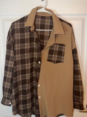 🤎🍂 SHEIN Brown Plaid Patchwork Button Up Shirt Oversized Flannel 🤎🍂